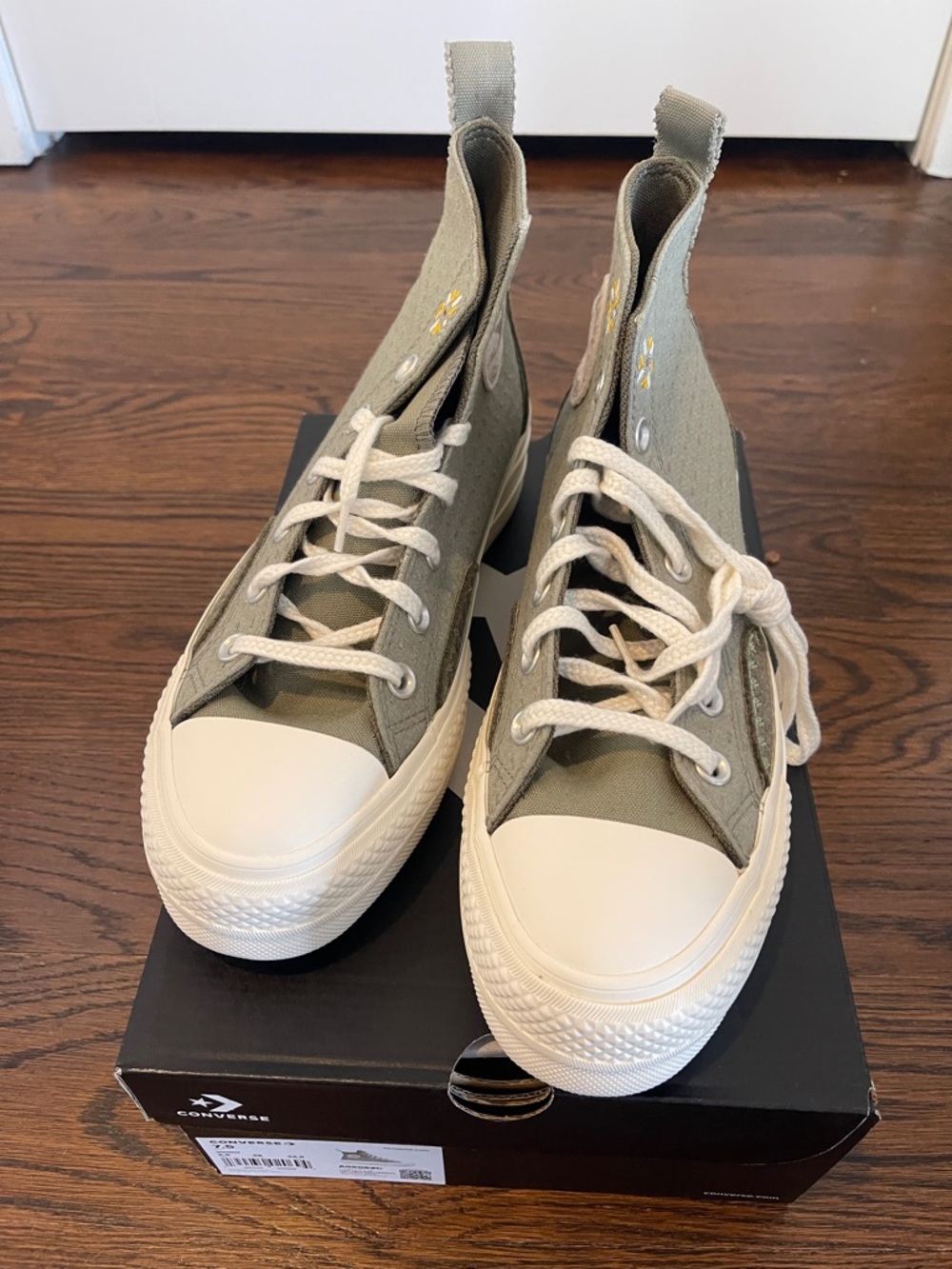 Converse High-Top Canvas Sneakers in Olive and White; New